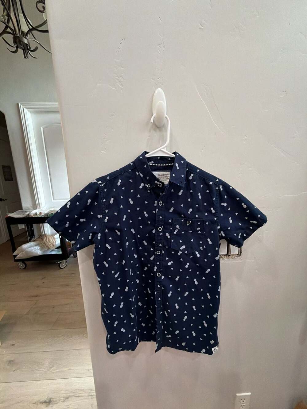 Free Planet NYC to Malibu Navy Blue Pineapple Print Short Button-Down Shirt